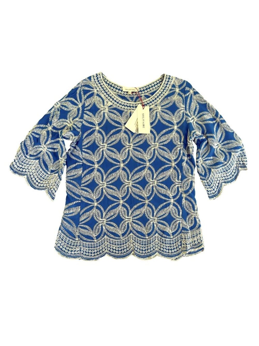 Solitaire Embroidered Boho Blouse Blue White Bell Sleeve Scalloped Hem